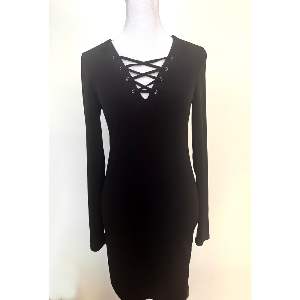 Forever 21 Black Mini Dress Long Sleeve Bodycon V Neck Women's Medium Y2K - Picture 2 of 6